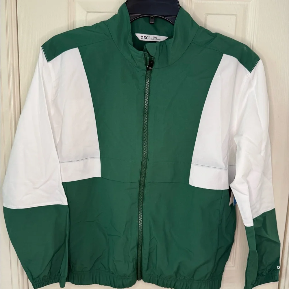 NWT Green and White Kids Zip-Up Jacket - large 14 Team Colors Middle School Size